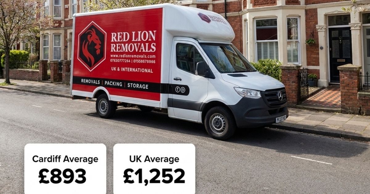 Red Lion Removals van outside a Cardiff terrace, ready for a house move