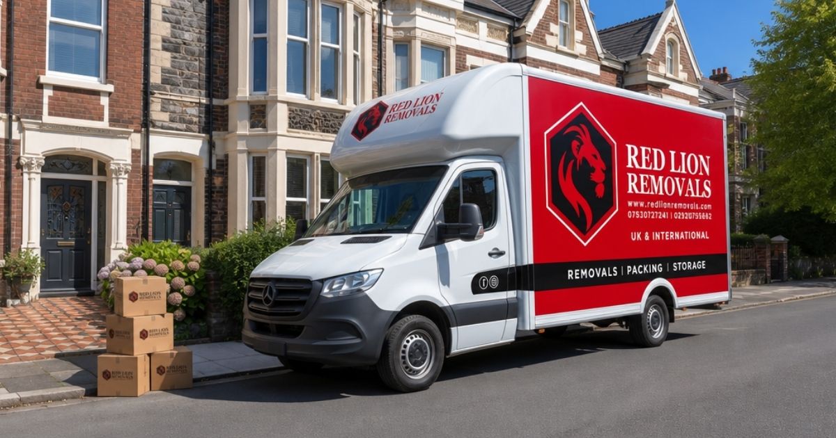 Red Lion Removals van outside a Cardiff home ready for moving day